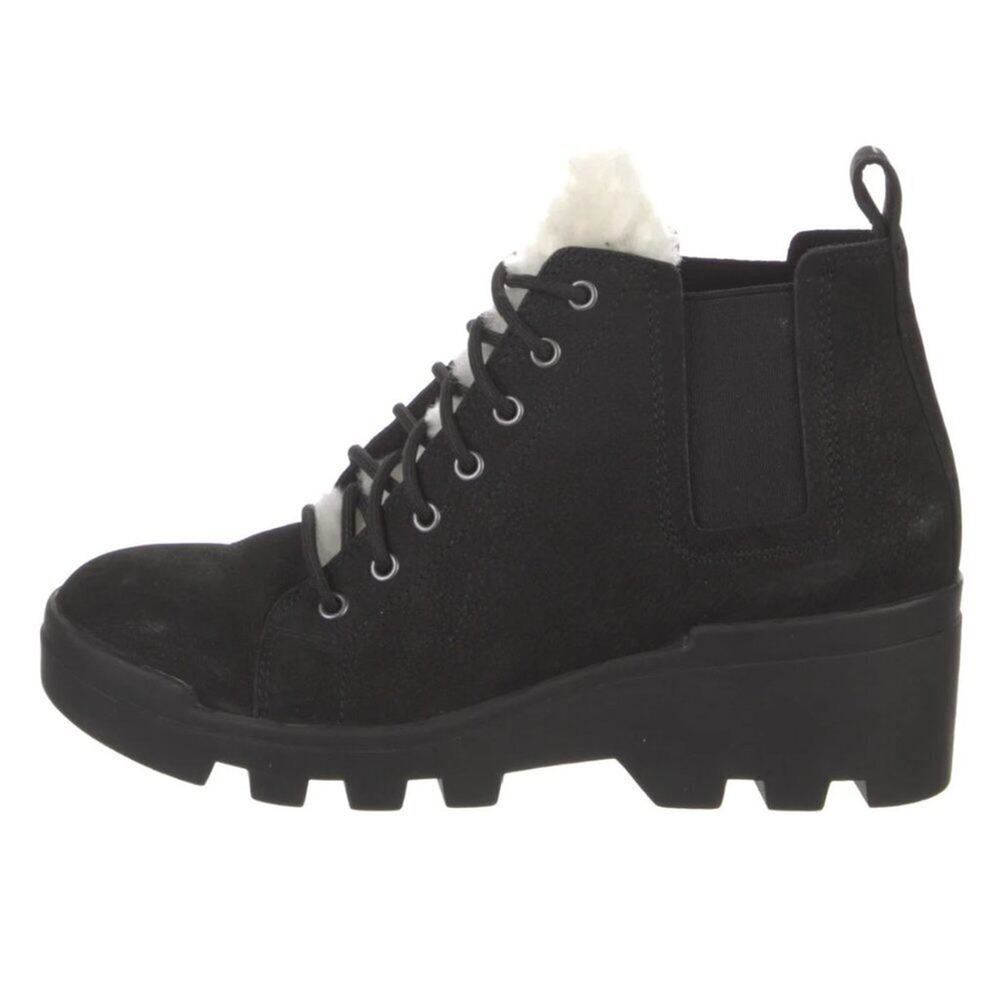 Eileen Fisher Womens Calm Black Suede Fur Trim Lace Up Ankle Booties 7.5